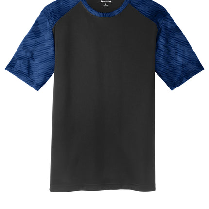 Front: Sport-Tek CamoHex Colorblock Tee front view — Blue /Umber colorblock, personalized athletic tee