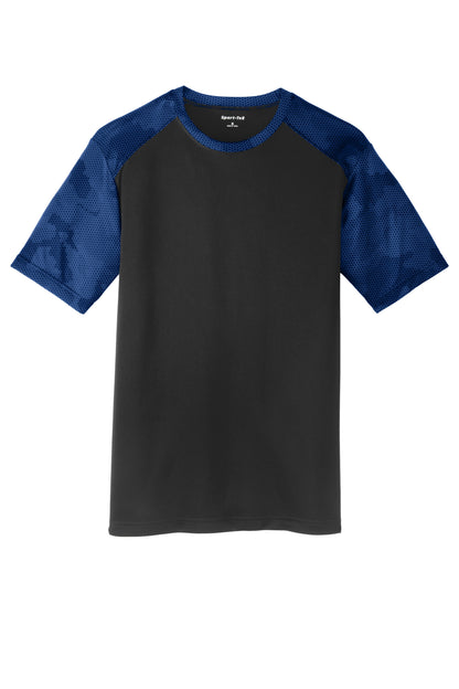 Sport-Tek CamoHex Colorblock Tee in black and true royal with front view showing camo pattern and colorblock design.