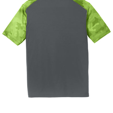 Sport-Tek CamoHex Colorblock Tee back view — Iron Grey/Lime Shock, moisture-wicking fabric