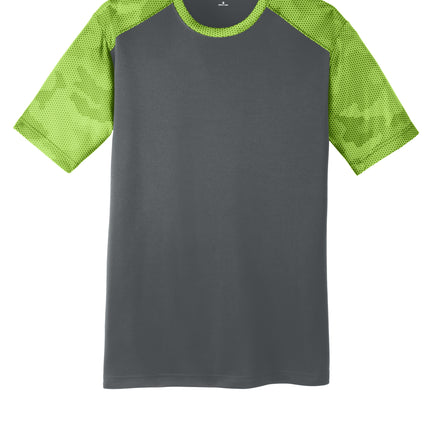 Sport-Tek CamoHex Colorblock Tee front view — Iron Grey/Lime Shock (green), custom team tee