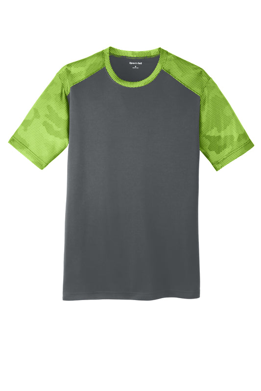 Sport-Tek CamoHex Colorblock Tee in irongray with lime shock accents, flat-front view showing sporty casual design and colorblock pattern.