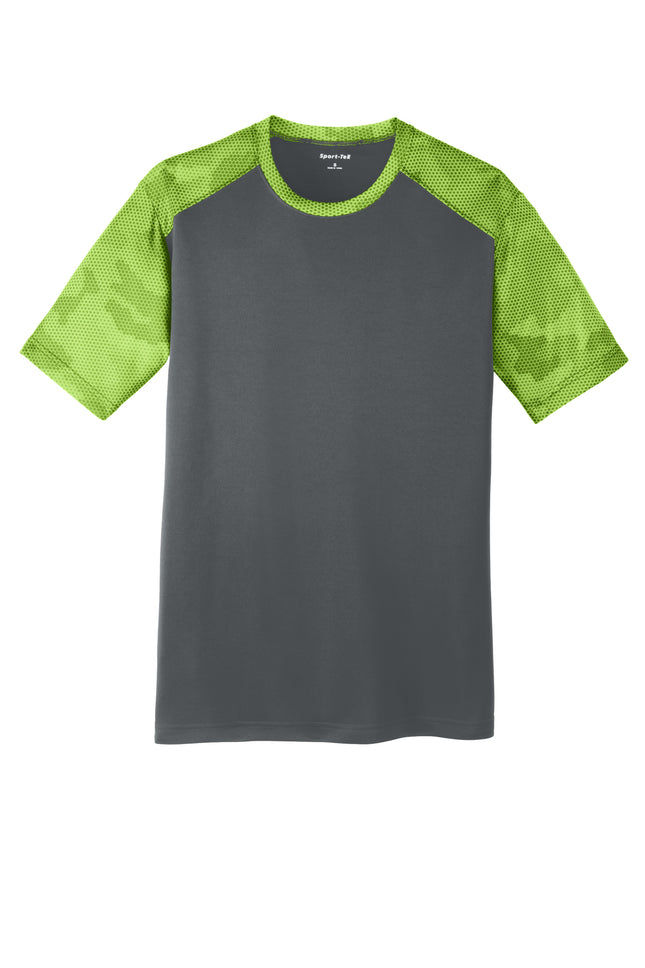 Sport-Tek CamoHex Colorblock Tee front view — Iron Grey/Lime Shock (green), custom team tee