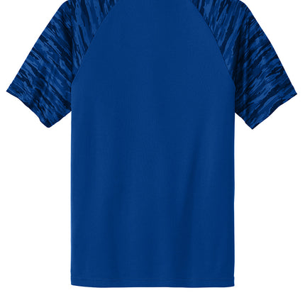 Sport-Tek Drift Camo Colorblock Tee in Navy/Blue – mesh-enhanced back view for ventilation