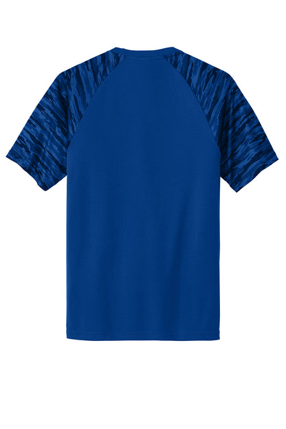Sport-Tek Drift Camo Colorblock Tee in true royal color, featuring a modern camo design and colorblock details on the back.