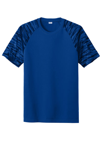 Sport-Tek Drift Camo Colorblock Tee in true royal color, featuring a front view with camouflage and colorblock design.
