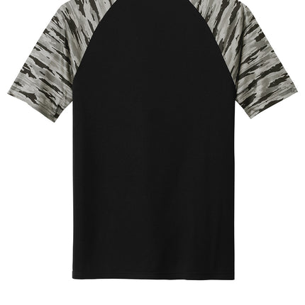 Sport-Tek Drift Camo Colorblock Tee in Black/Gray – breathable performance back panel