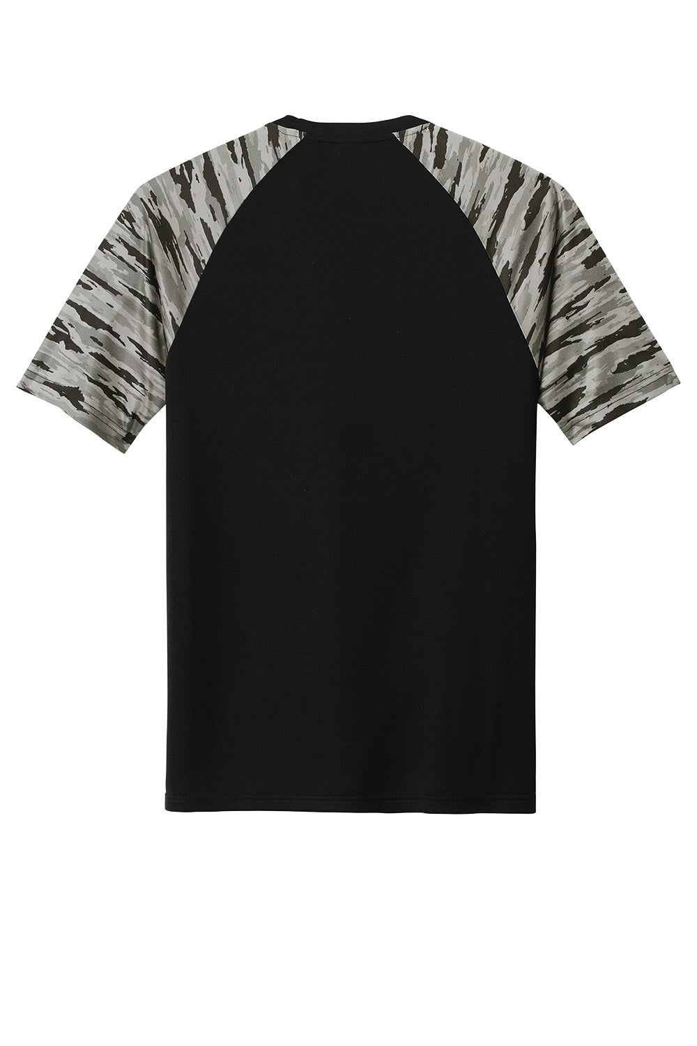 Black Sport-Tek Drift Camo Colorblock Tee with contrasting color panels, front and back view showing the athletic fit and design details.