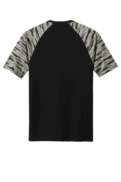 Black Sport-Tek Drift Camo Colorblock Tee with contrasting color panels, front and back view showing the athletic fit and design details.