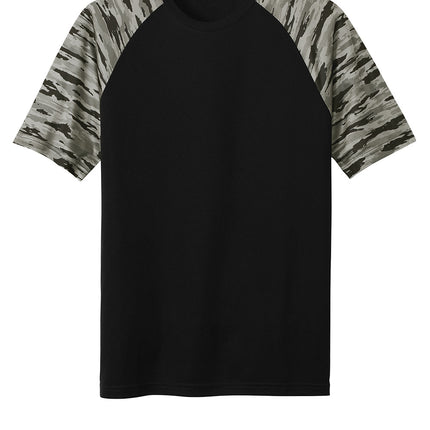 Sport-Tek Drift Camo Colorblock Tee in Black/Gray – moisture-wicking athletic fit front view