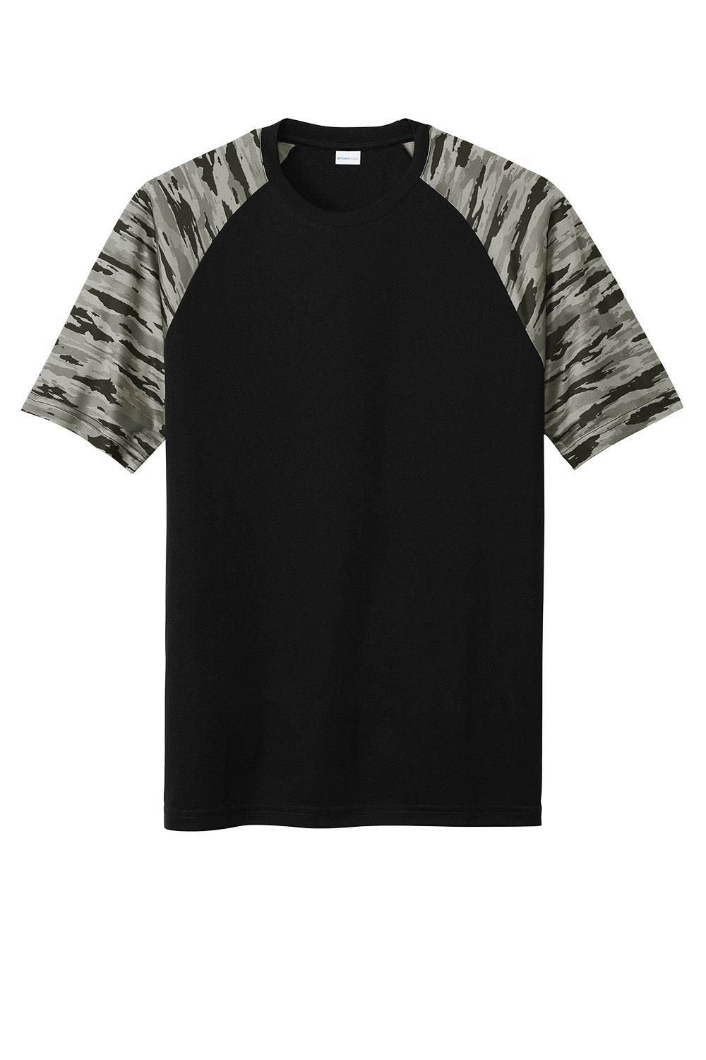 Black Sport-Tek® Drift Camo Colorblock Tee by Print-View, flat front view showing the camouflage and colorblock design.