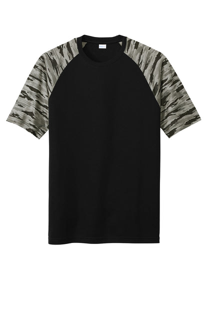 Black Sport-Tek® Drift Camo Colorblock Tee by Print-View, flat front view showing the camouflage and colorblock design.