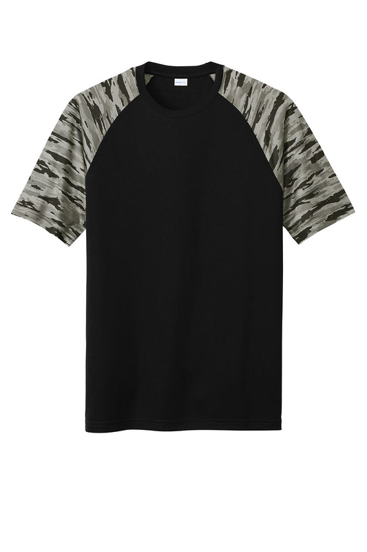 Black Sport-Tek® Drift Camo Colorblock Tee by Print-View, flat front view showing the camouflage and colorblock design.