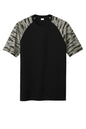 Black Sport-Tek® Drift Camo Colorblock Tee by Print-View, flat front view showing the camouflage and colorblock design.