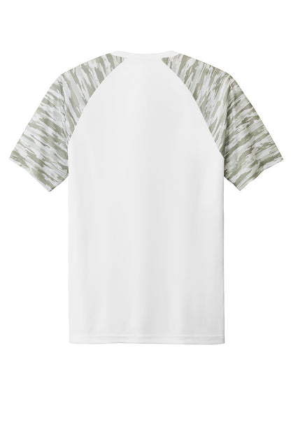 White Sport-Tek Drift Camo Colorblock Tee by Print-View, showing the back view with camo colorblock design and logo print.
