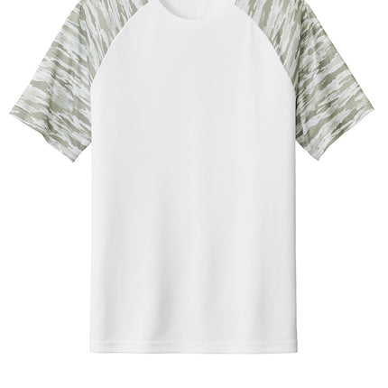  Sport-Tek Drift Camo Colorblock Tee in White/Gray – colorblock athletic front view