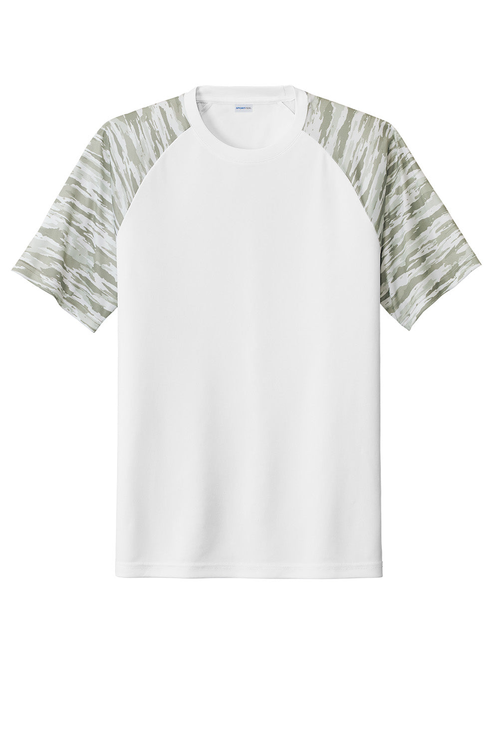 White Sport-Tek Drift Camo Colorblock Tee by Print-View with front view showing colorblock design and lightweight fabric.