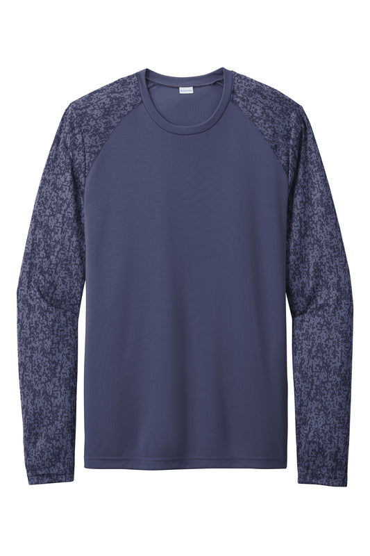 Print-View Sport-Tek® long sleeve Digi Camo tee in true navy, flat front view showing camouflage pattern and comfortable fit.