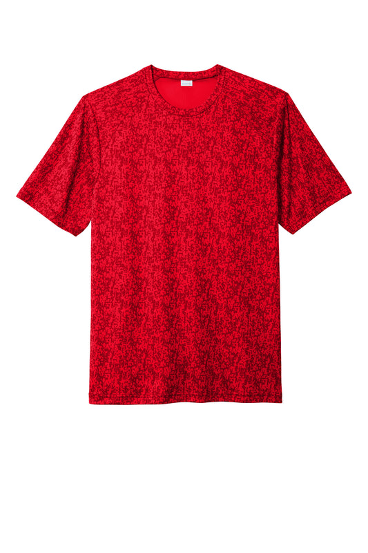 Sport-Tek Digi Camo Blast Tee in true red with a flat front view, showcasing the camouflage pattern and comfortable fit.