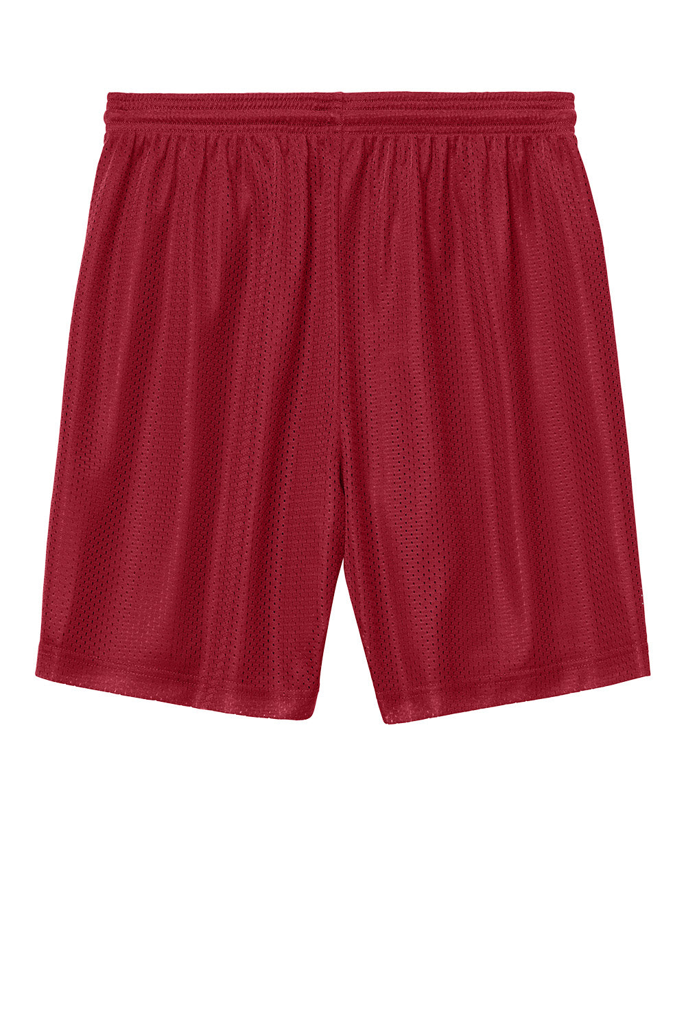 Deep red Sport-Tek PosiCharge Mesh 7-inch shorts with flat back, designed for athletic and casual wear.