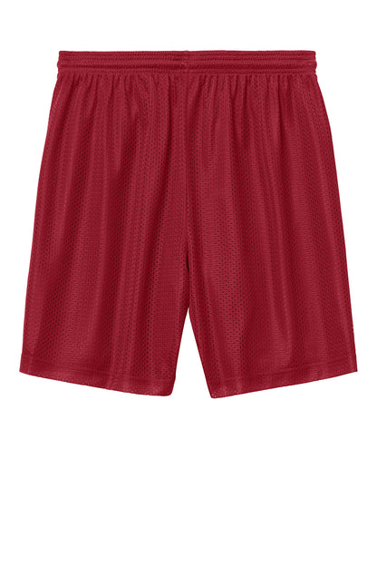 Deep red Sport-Tek PosiCharge Mesh 7-inch shorts with flat back, designed for athletic and casual wear.
