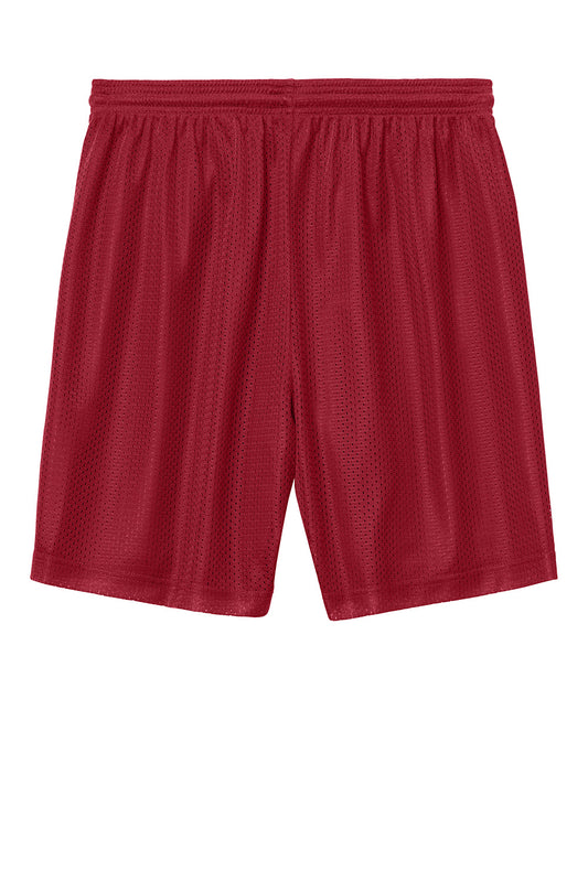 Deep red Sport-Tek PosiCharge Mesh 7-inch shorts with flat back, designed for athletic and casual wear.