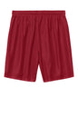 Deep red Sport-Tek PosiCharge Mesh 7-inch shorts with flat back, designed for athletic and casual wear.