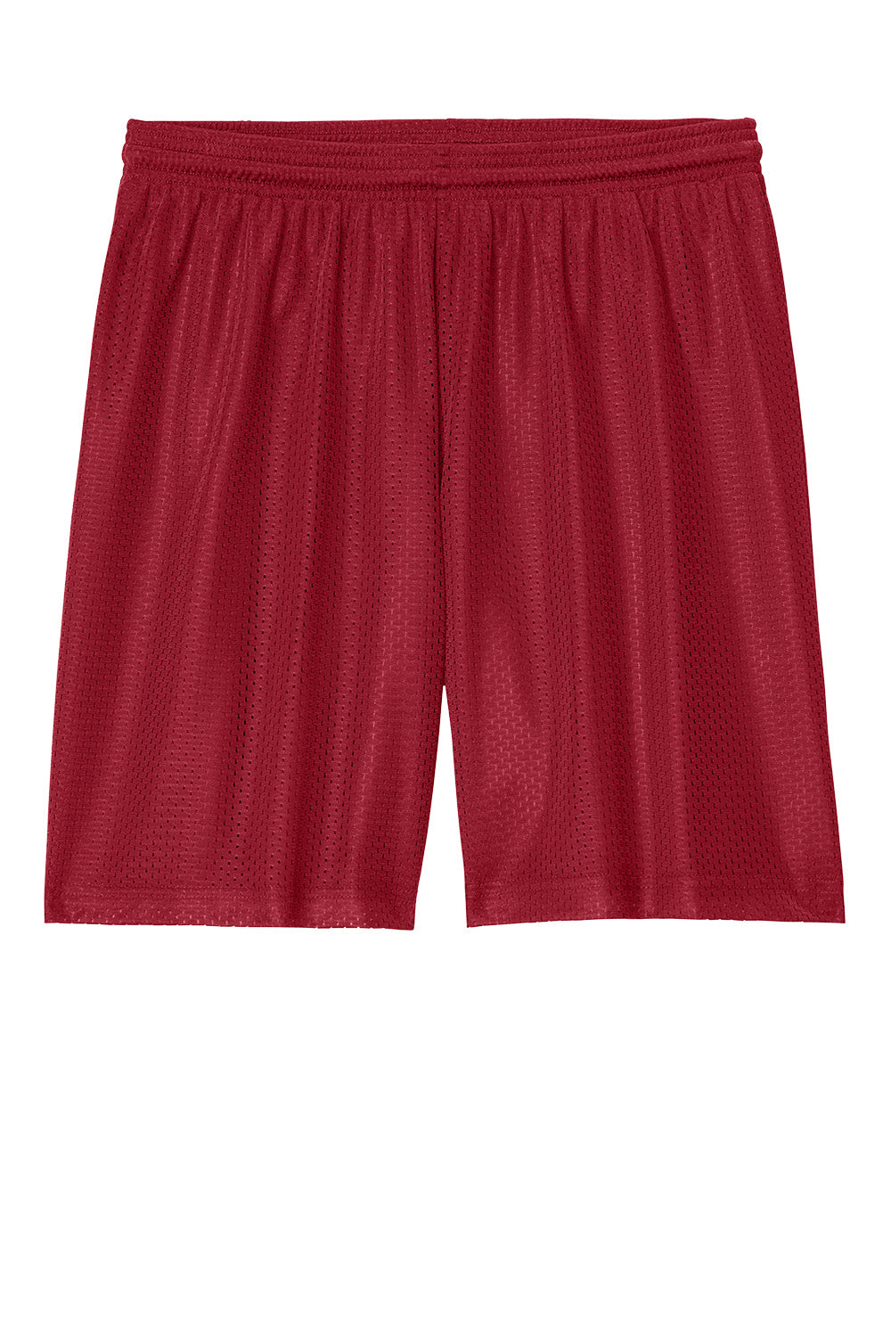 Deep red Sport-Tek PosiCharge Mesh 7-inch shorts with flat front, designed for comfort and breathability during athletic activities.