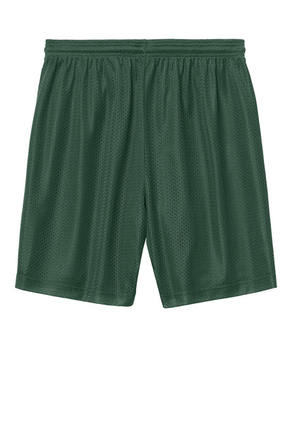 Forest green Sport-Tek PosiCharge Mesh 7-inch shorts with flat back, designed for athletic comfort and breathability.