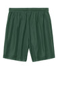 Forest green Sport-Tek PosiCharge Mesh 7-inch shorts with flat back, designed for athletic comfort and breathability.