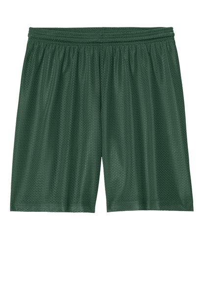 Forest green Sport-Tek PosiCharge Mesh 7-inch shorts with a flat front, designed for active wear by Print-View.