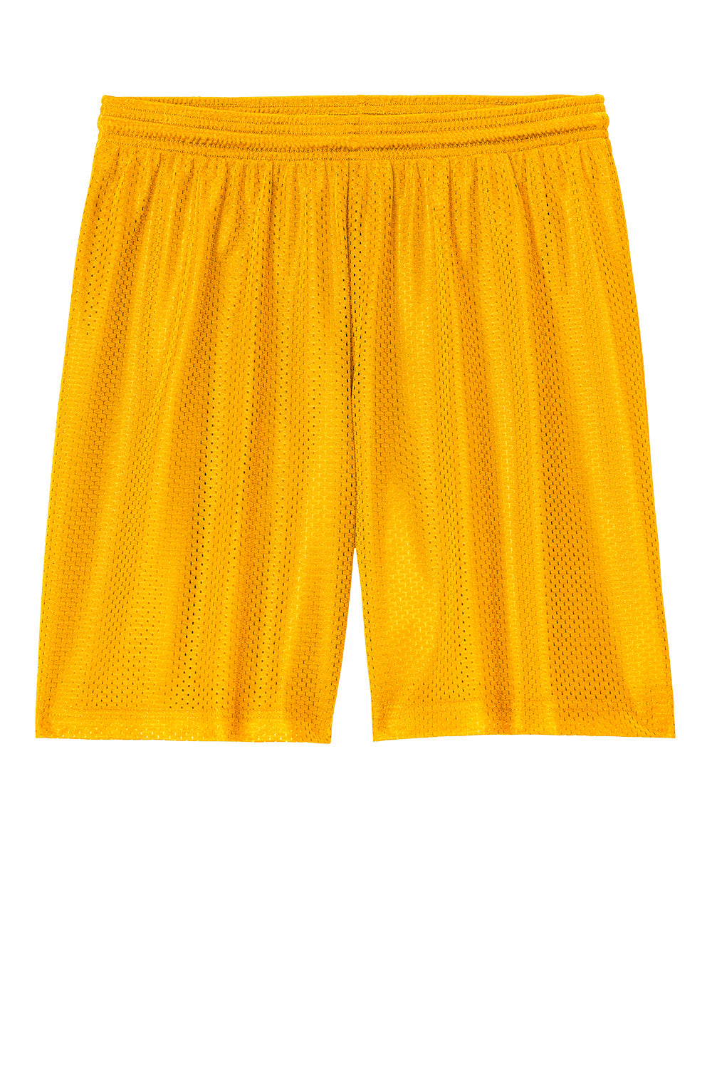 Gold Sport-Tek PosiCharge Mesh 7-inch athletic shorts with a flat front and breathable fabric, designed for comfort and performance.