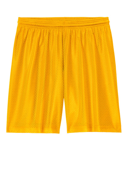 Gold Sport-Tek PosiCharge Mesh 7-inch athletic shorts with a flat front and breathable fabric, designed for comfort and performance.