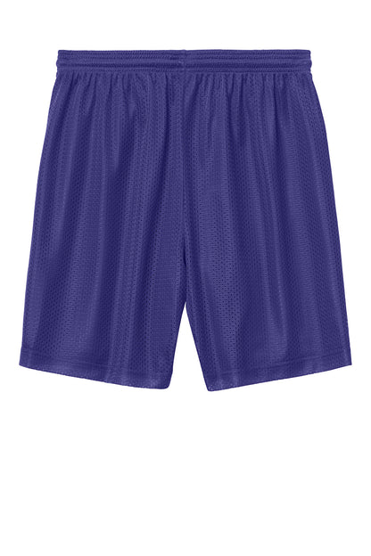 Purple Sport-Tek PosiCharge Mesh 7-inch shorts with flat back and athletic fit, ideal for workout and active wear.
