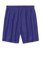Purple Sport-Tek PosiCharge Mesh 7-inch shorts with flat back and athletic fit, ideal for workout and active wear.
