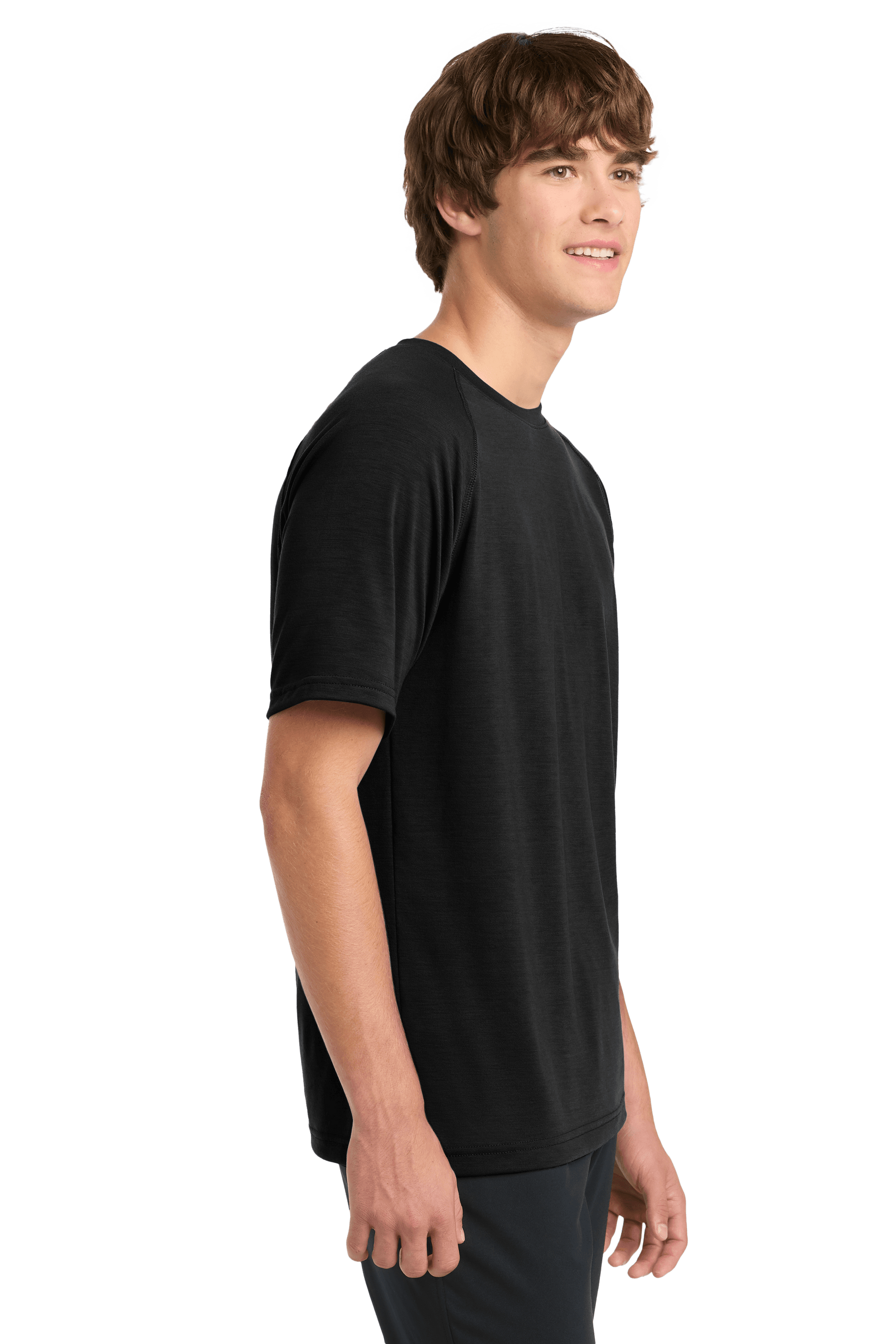 Black Sport-Tek Ultimate Performance T-shirt ST700 worn by a model, showing side view of lightweight, moisture-wicking athletic tee.