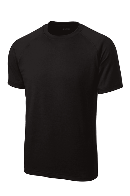 Black Sport-Tek Ultimate Performance T-shirt ST700, made of lightweight moisture-wicking fabric, shown on a mannequin.