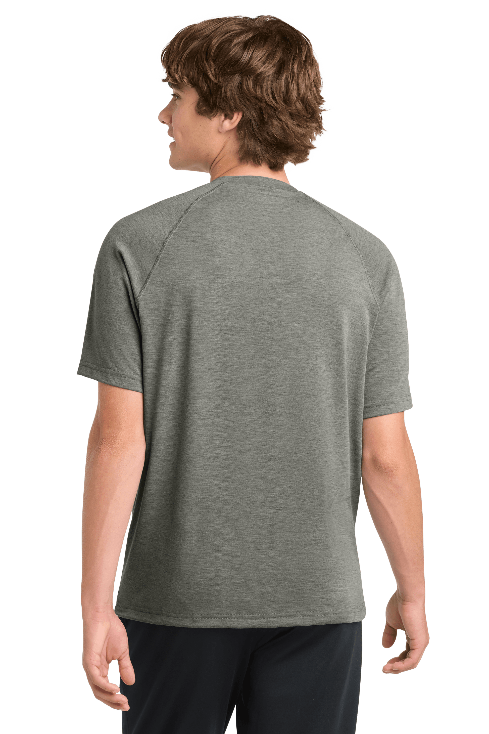 Sport-Tek Ultimate Performance T-shirt in heather grey, shown from the back, made of breathable performance fabric.