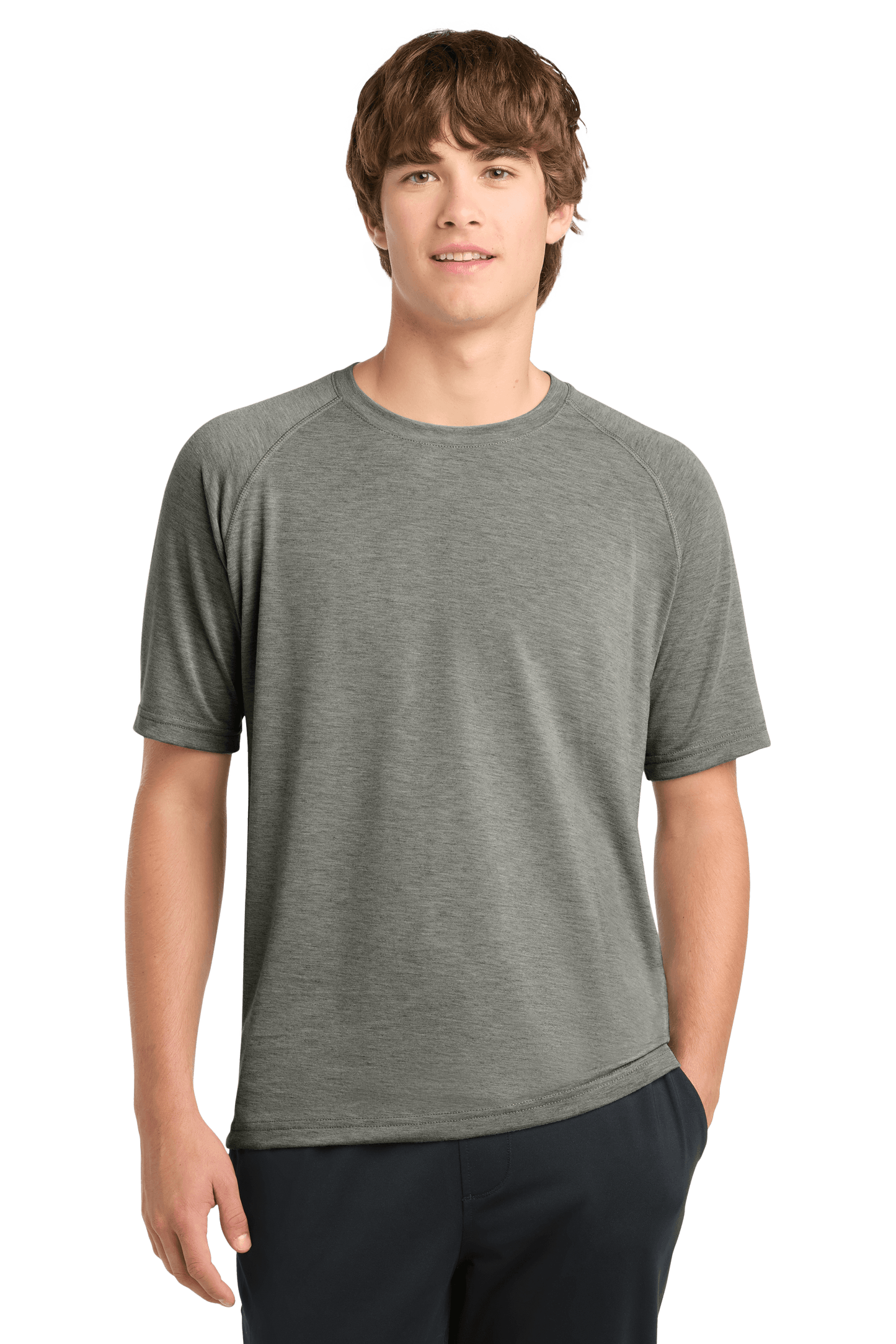 Sport-Tek Ultimate Performance T-shirt in heather grey, front view, showcasing breathable, athletic fit performance apparel.