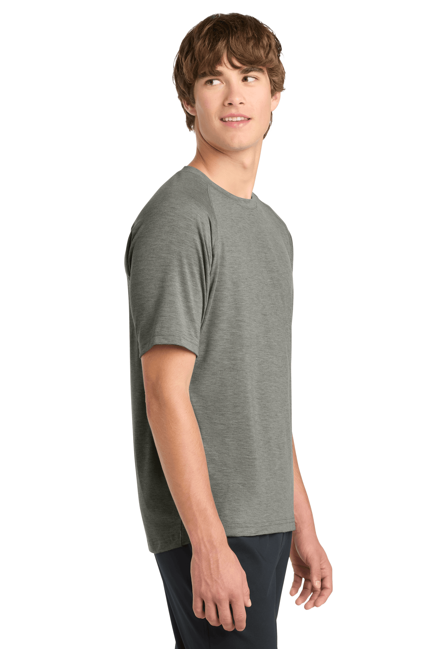 Sport-Tek Ultimate Performance T-shirt in Heather Grey, side view showing lightweight, breathable fabric and athletic fit.
