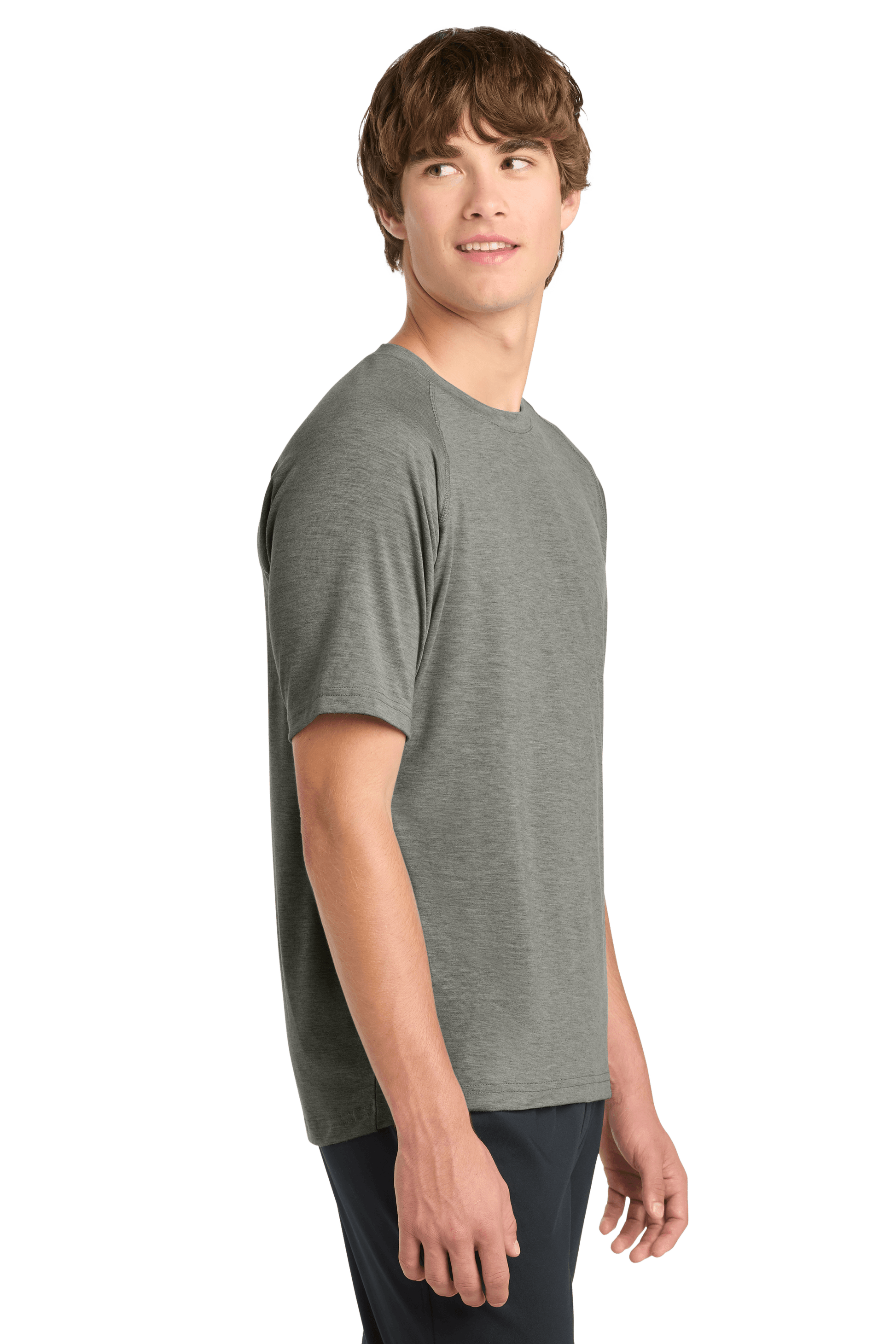Sport-Tek Ultimate Performance T-shirt in Heather Grey, side view showing lightweight, breathable fabric and athletic fit.