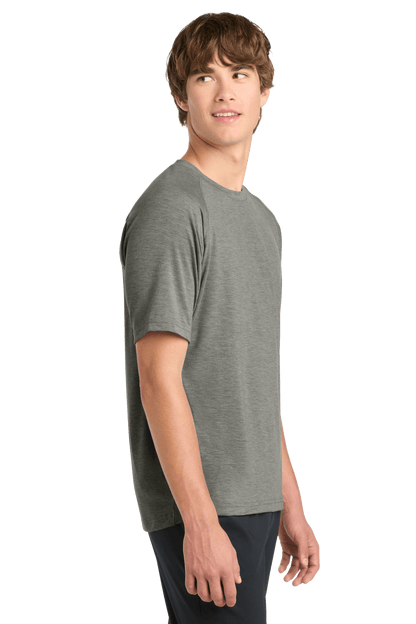 Sport-Tek Ultimate Performance T-shirt in Heather Grey, side view showing lightweight, breathable fabric and athletic fit.