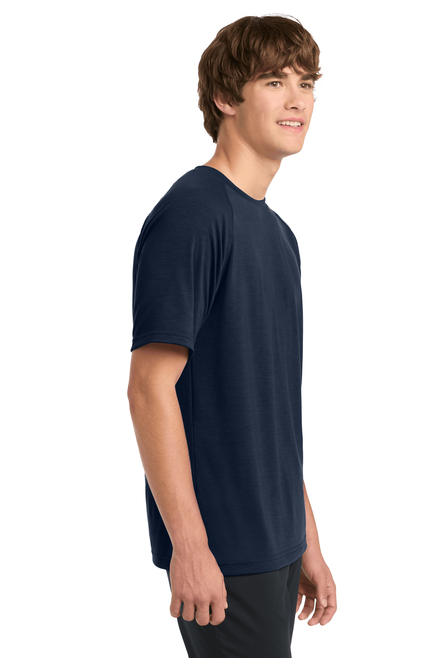 Sport-Tek Ultimate Performance T-shirt in true navy, shown from the side, made of lightweight, moisture-wicking fabric for active wear.