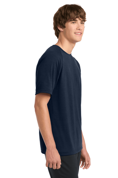 Sport-Tek Ultimate Performance T-shirt in true navy, shown from the side, made of lightweight, moisture-wicking fabric for active wear.