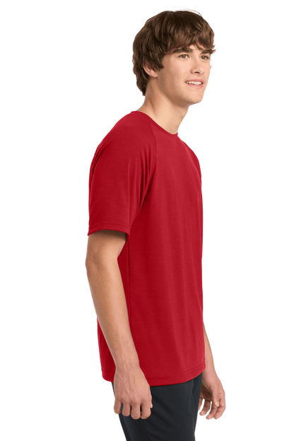 Sport-Tek Ultimate Performance T-shirt in true red, shown from the side, featuring a sleek, athletic fit and moisture-wicking fabric.