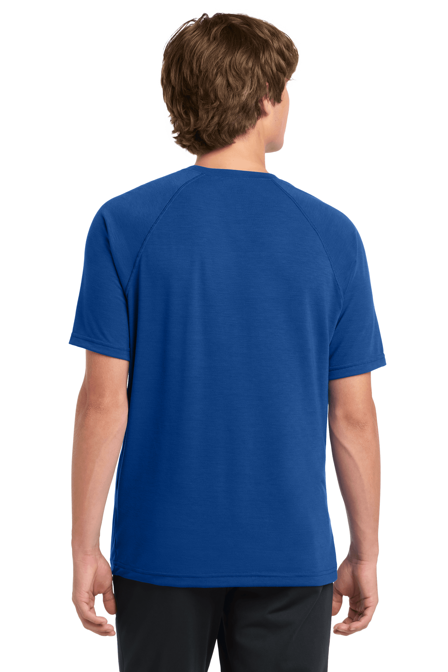 Sport-Tek Ultimate Performance T-shirt ST700 in true royal color, shown from the back on a model, highlighting its athletic fit and fabric.