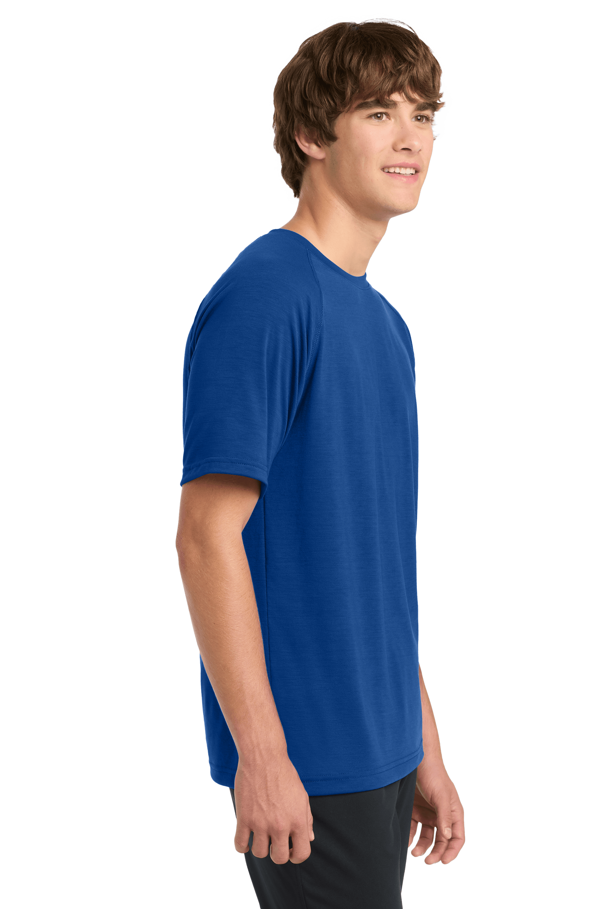 Sport-Tek Ultimate Performance T-shirt ST700 in true royal color, shown from the side, highlighting breathable athletic fabric.