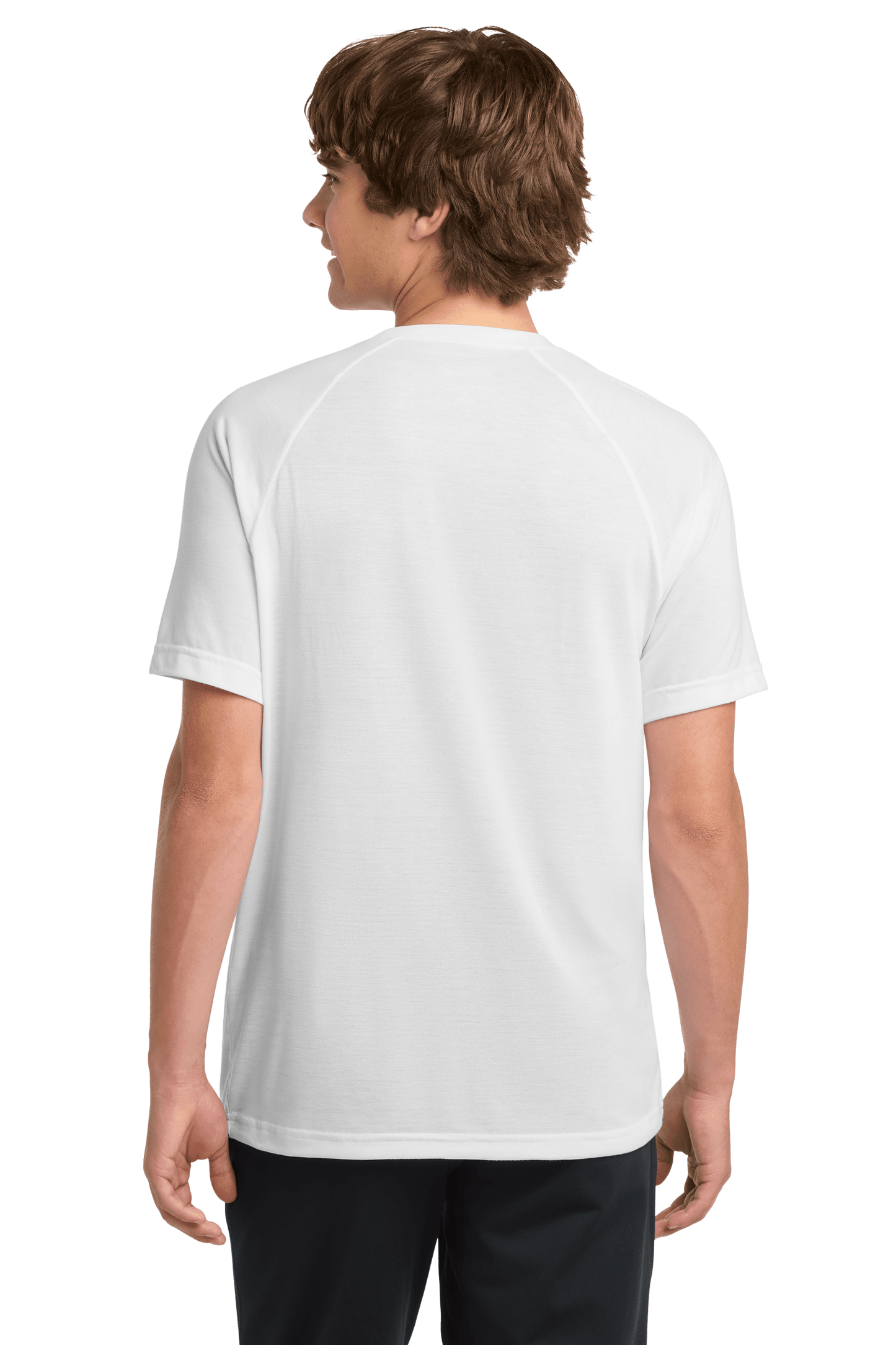 White Sport-Tek Ultimate Performance T-shirt (ST700) worn by model, showing back view with athletic fit and breathable fabric.