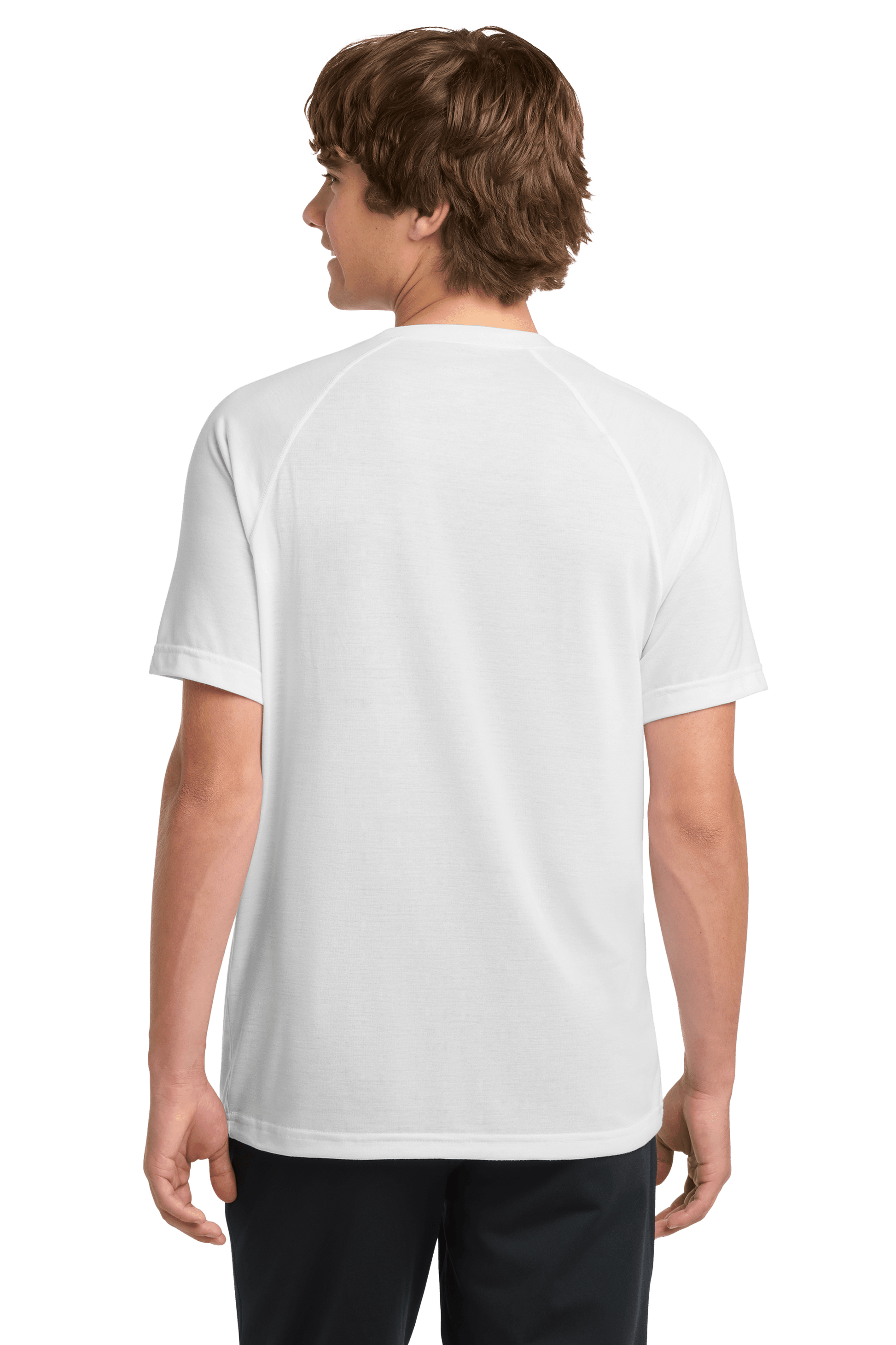 White Sport-Tek Ultimate Performance T-shirt (ST700) worn by model, showing back view with athletic fit and breathable fabric.