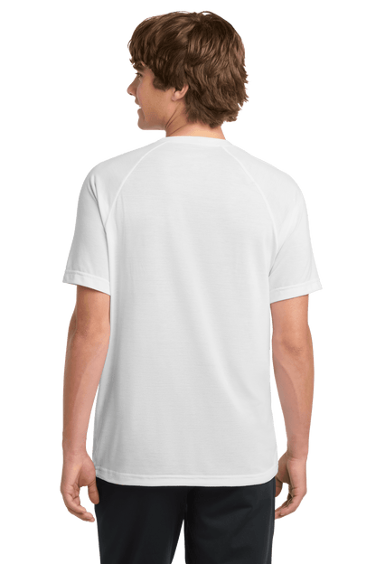 White Sport-Tek Ultimate Performance T-shirt (ST700) worn by model, showing back view with athletic fit and breathable fabric.