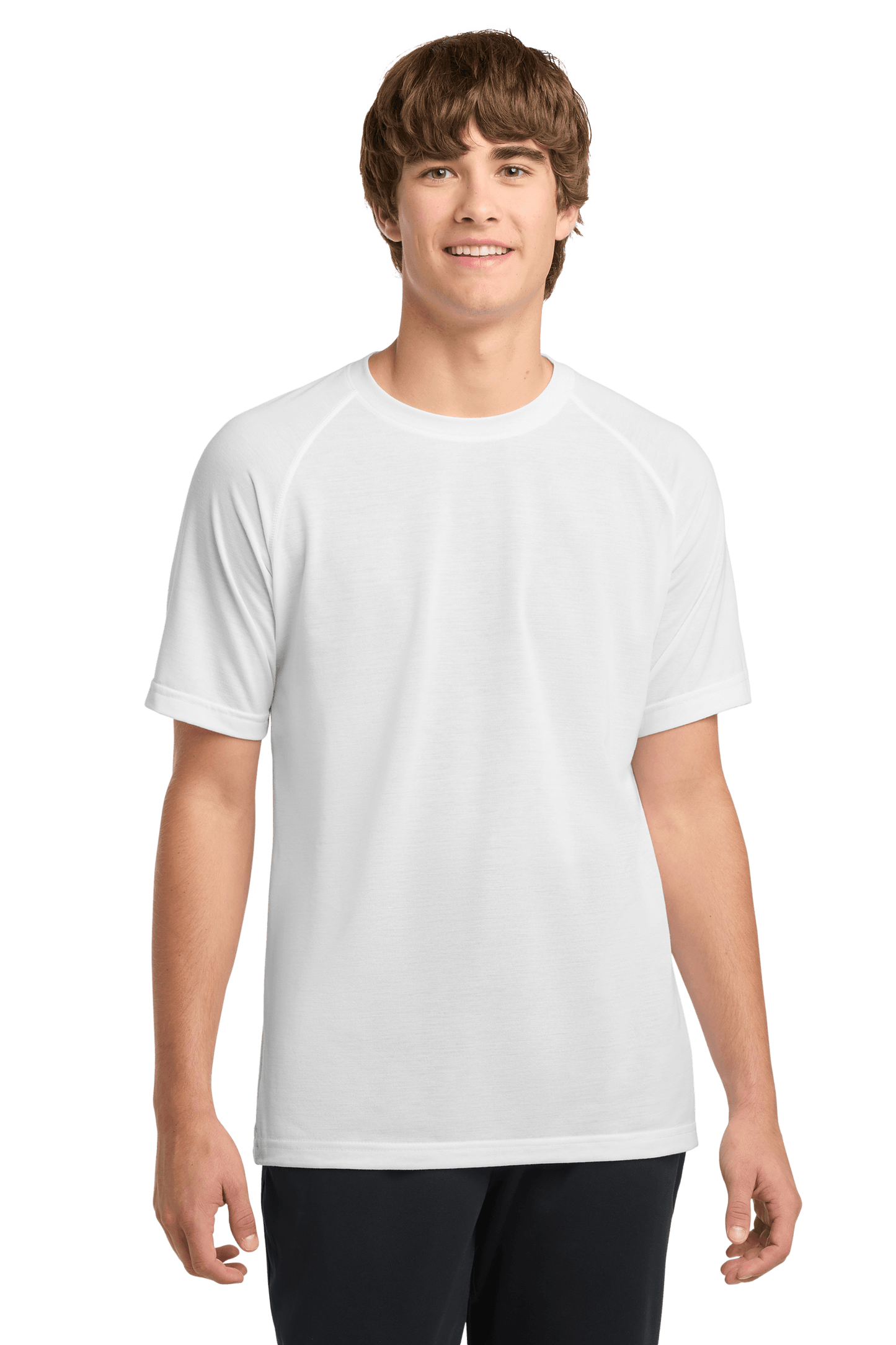 White Sport-Tek Ultimate Performance T-shirt (ST700) shown on a model, featuring a sleek fit and breathable fabric for active wear.